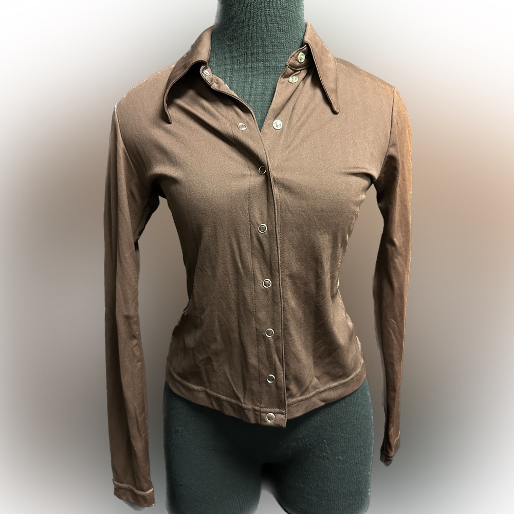 Vintage 90s Betsey Johnson brown nylon snap front shirt